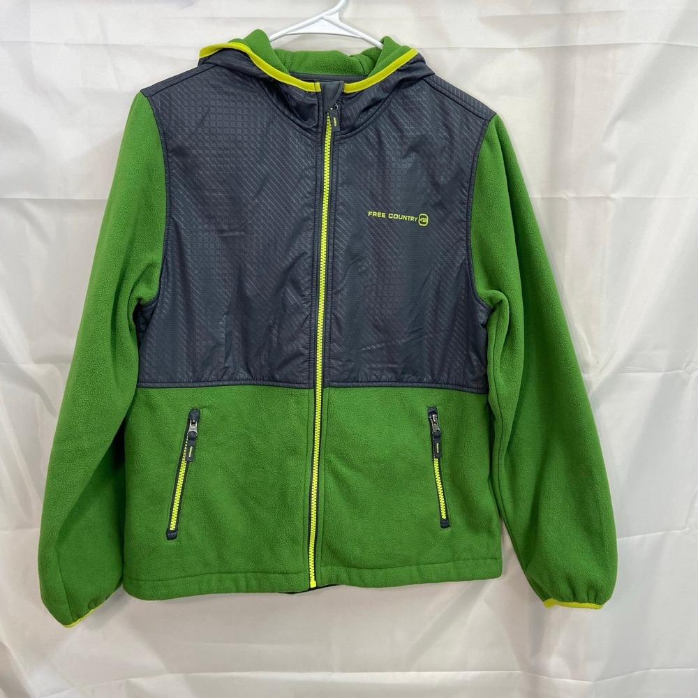 Free Country youth green gray zip pocket fleece hooded athletic winter jacket